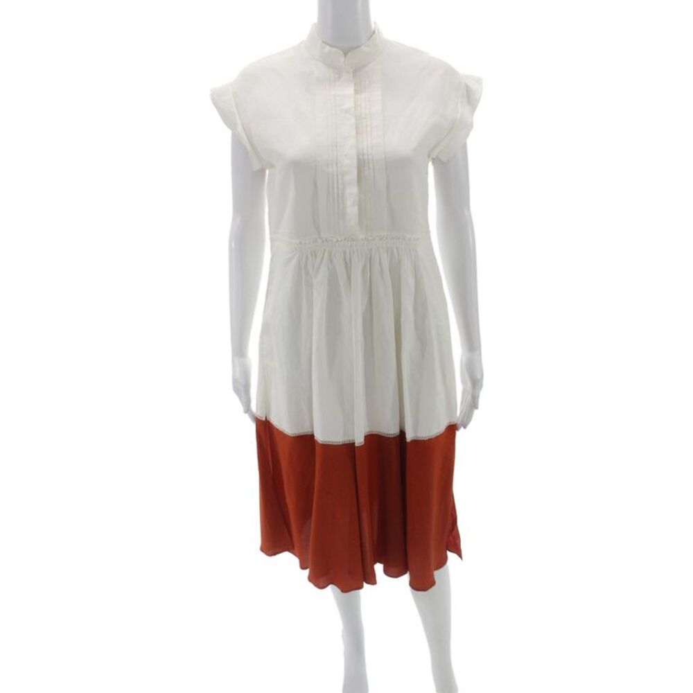 Chloe Womens Shirt Dress White Linen Colorblock High Neck Short Sleeve Size M